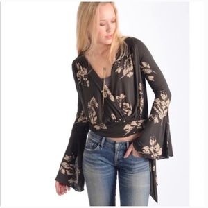Free People Fiona Boho Floral Surplice Bell Sleeve Blouse